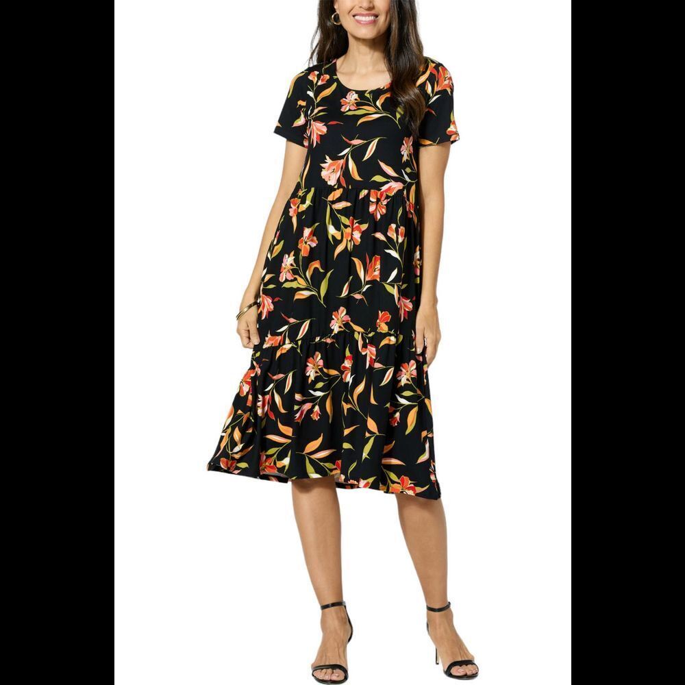 Comfort Code Printed Jersey Knit Tiered-Hem T-shirt Dress Black Floral - Regular